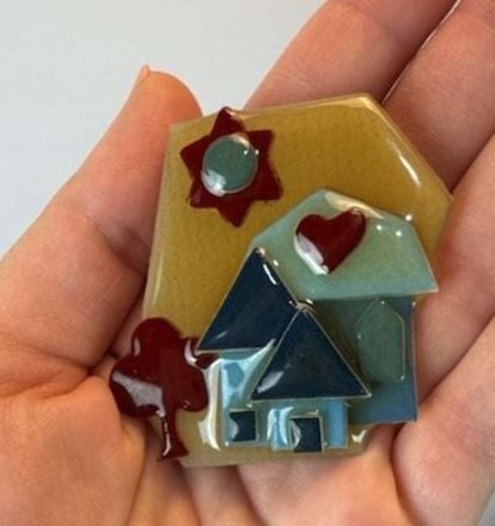 Vintage House Pins by Lucinda Handmade Resin Brooch Heart Moon yellow blue red